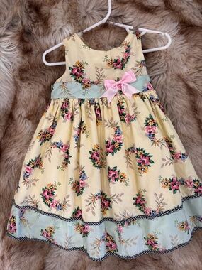 Laura Ashley Yellow Floral Dress with Pink Bow and Mint Trim